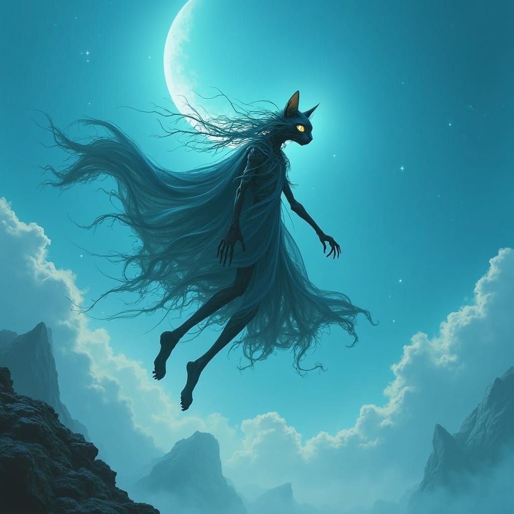 Enchanted Catman Wizard in Monochromatic Blue Realms