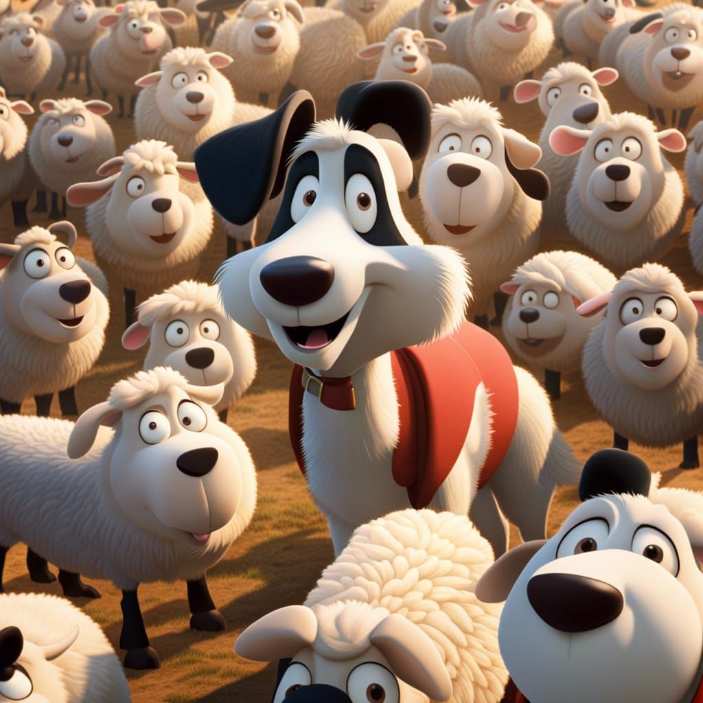 Border Collie Herding Sheep in 1940s Cartoon Style