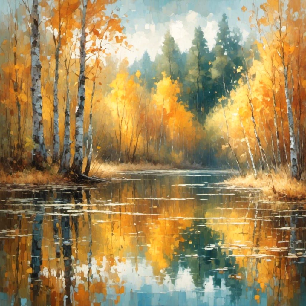 Birch Trees by Lake in Impressionist Autumn Landscape