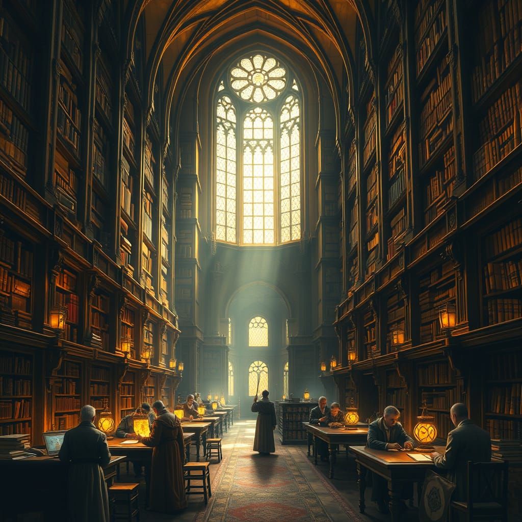 Grand Library with Scholars and Mages