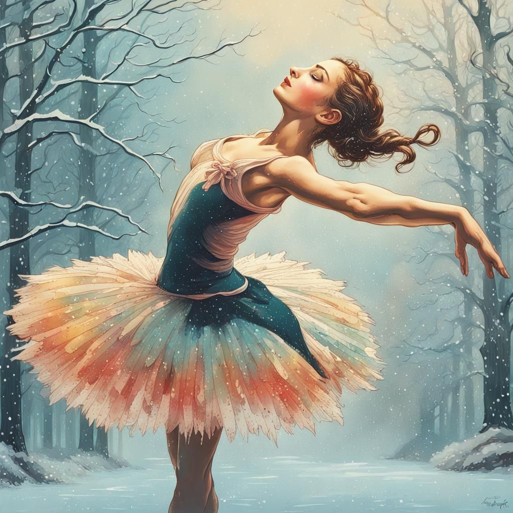 Fairy Ballerina in Winter: Vintage Screenprint Art