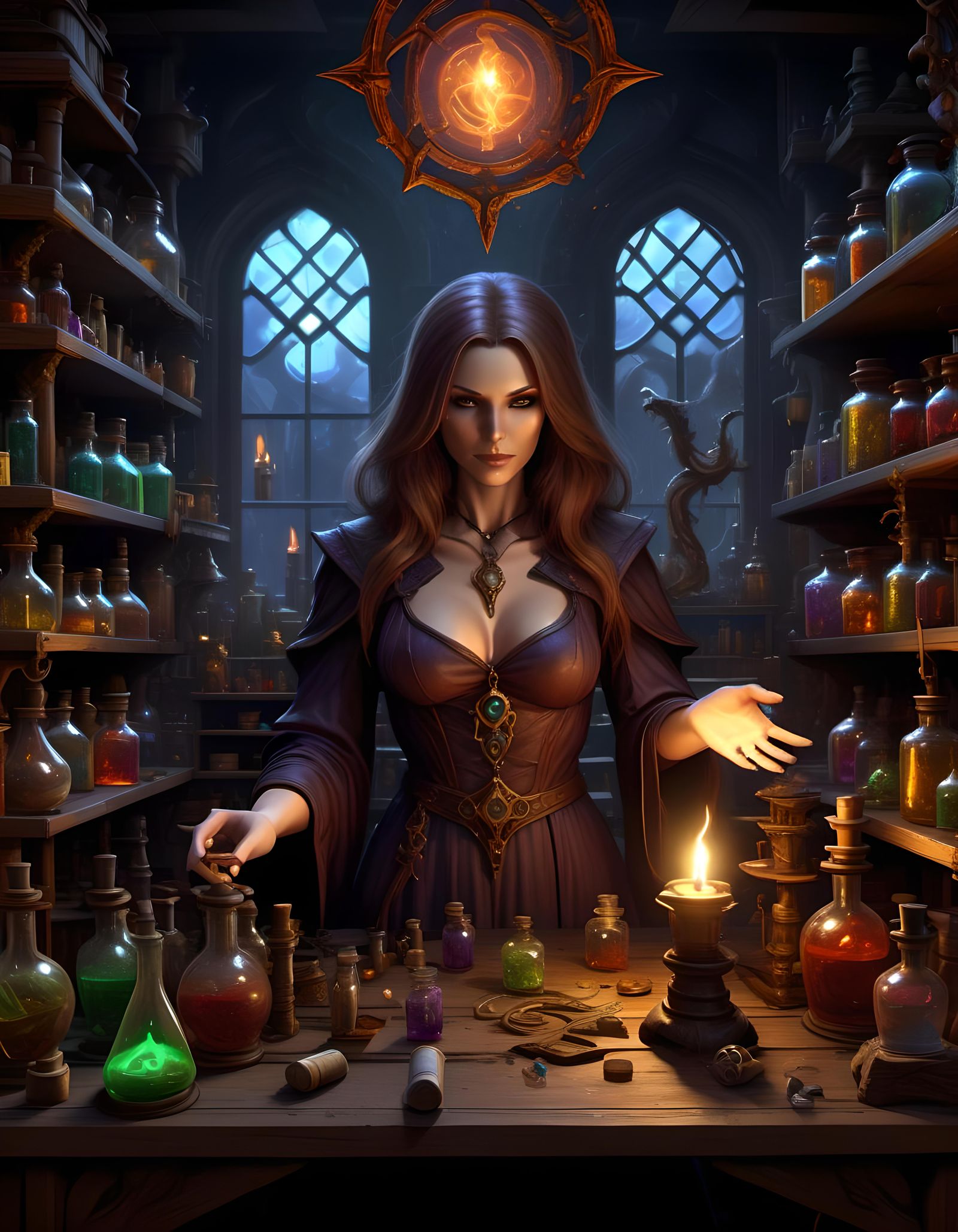 Sorceress Alchemy in a Dark Fantasy Workshop