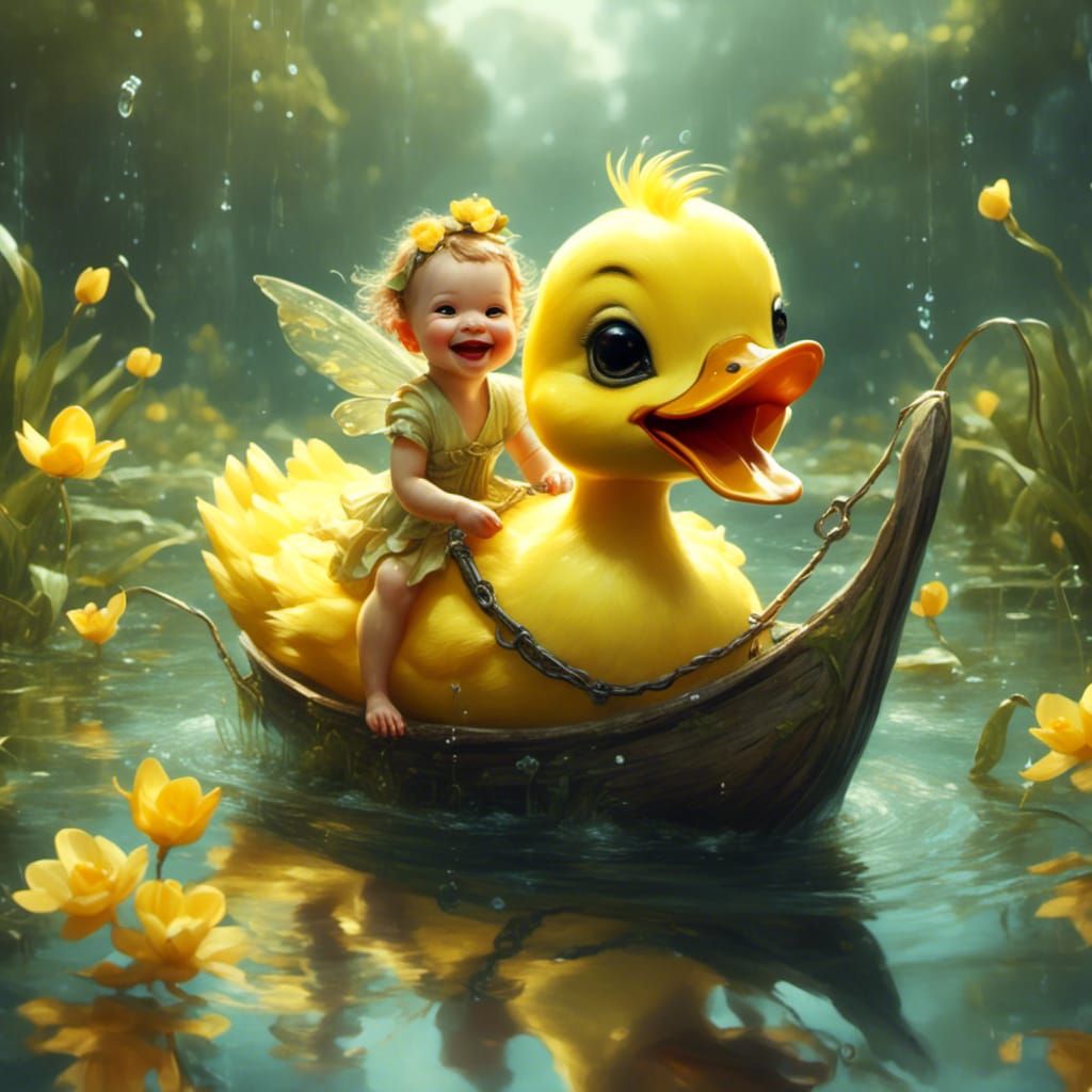 Fairy Rides Duckling in Pond: Detailed Digital Art