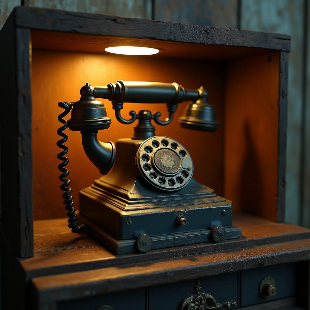 Vintage Telephone in Ornate Wooden Box