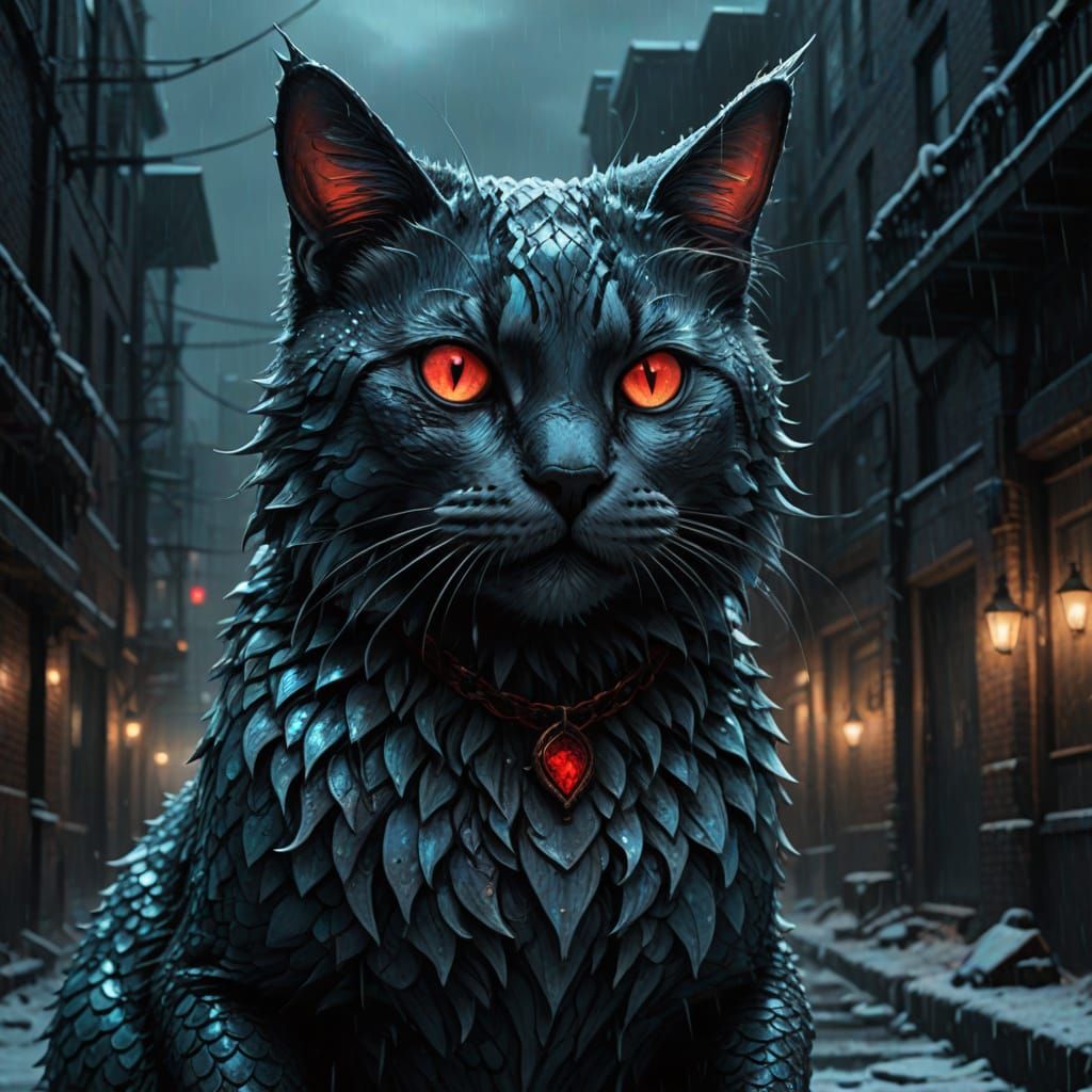 Cyberpunk Winter Mermaid Cat Confronts Darkness with Fearful...