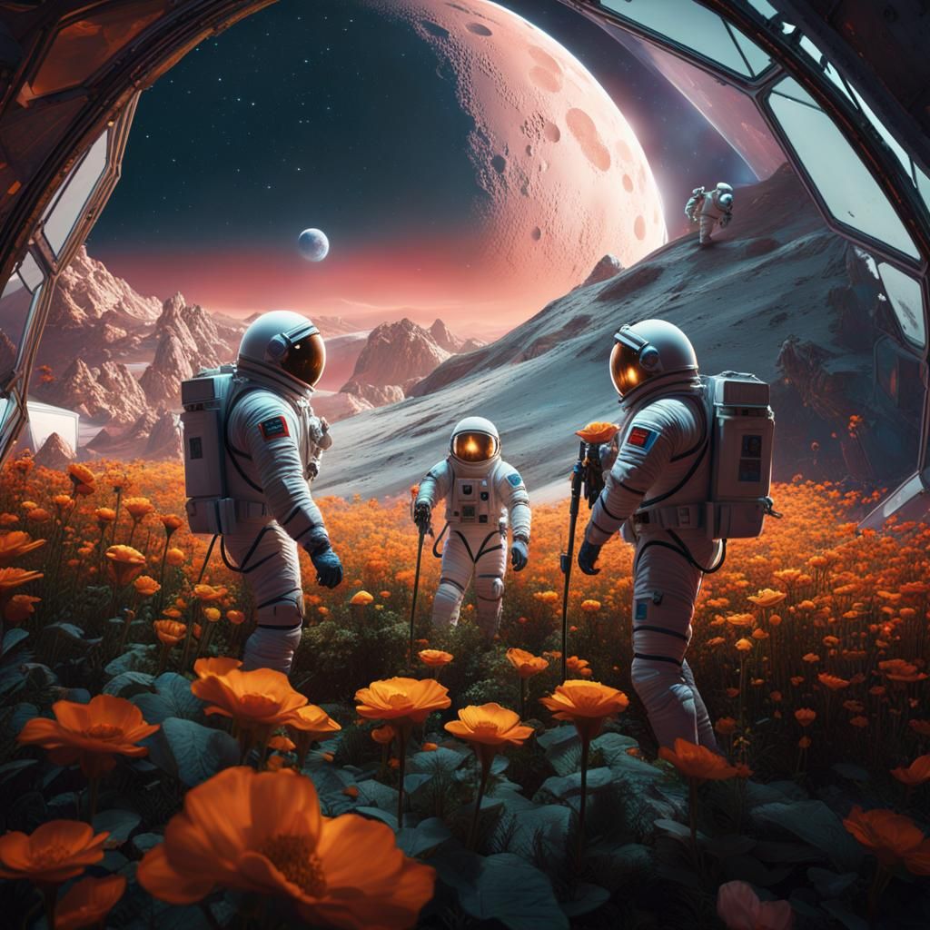 Spacemen Gardeners on the Moon: Detailed Matte Painting