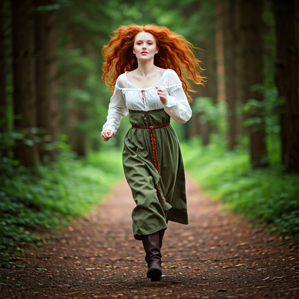 Red-Haired Girl Runs Through Forest