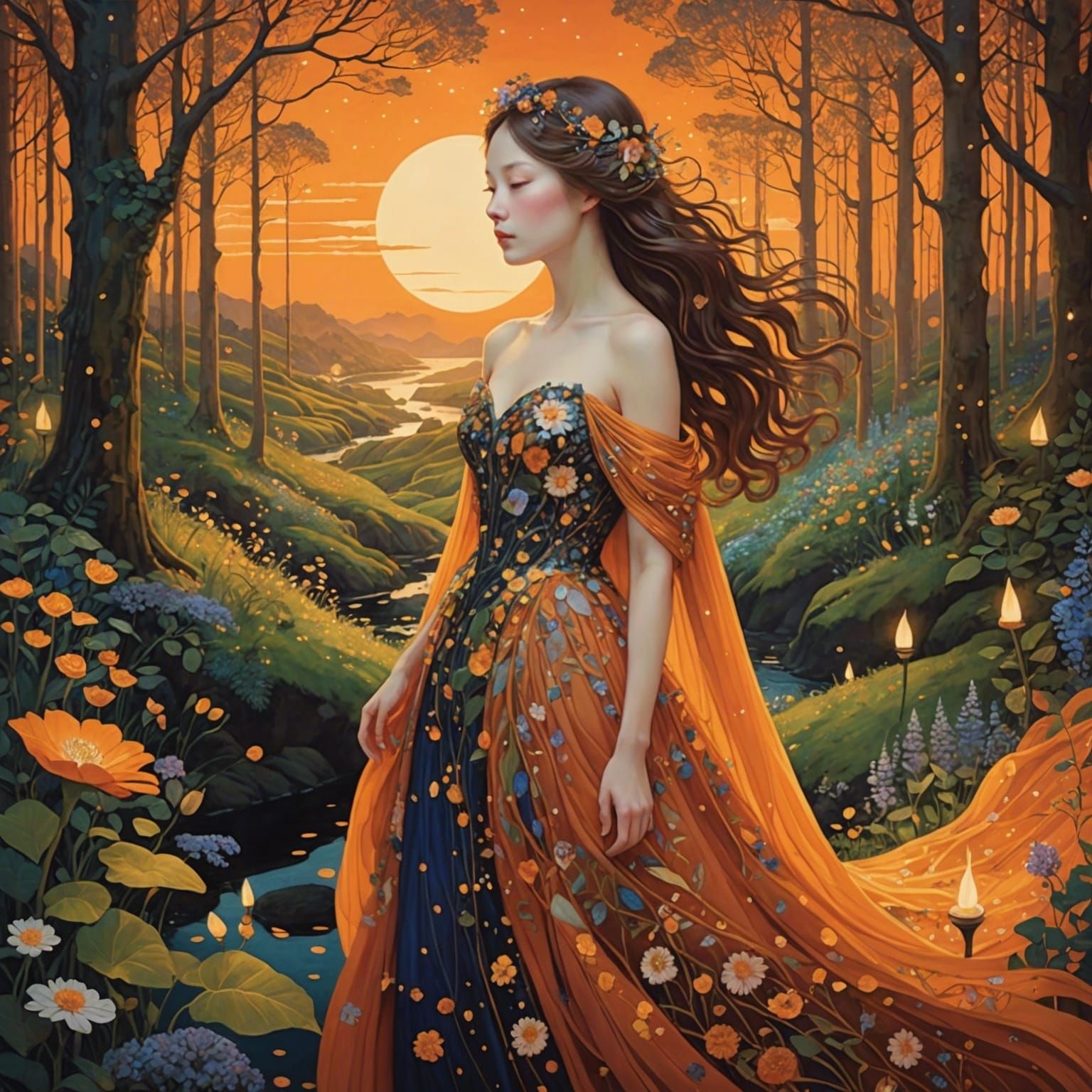 Sunset Woman in Enchanted Forest, Magical Realism