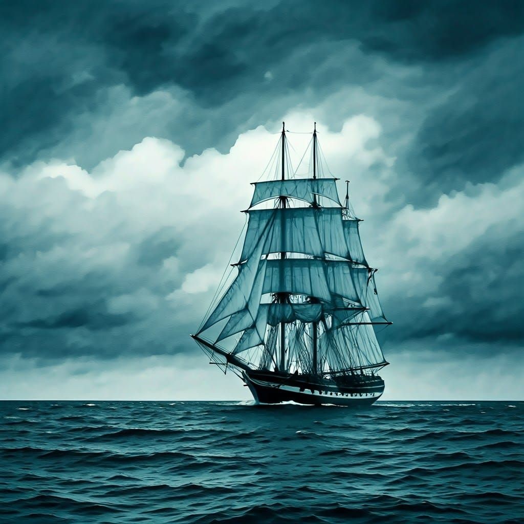 Sailing Ship at Sea in Dark Blue Watercolor