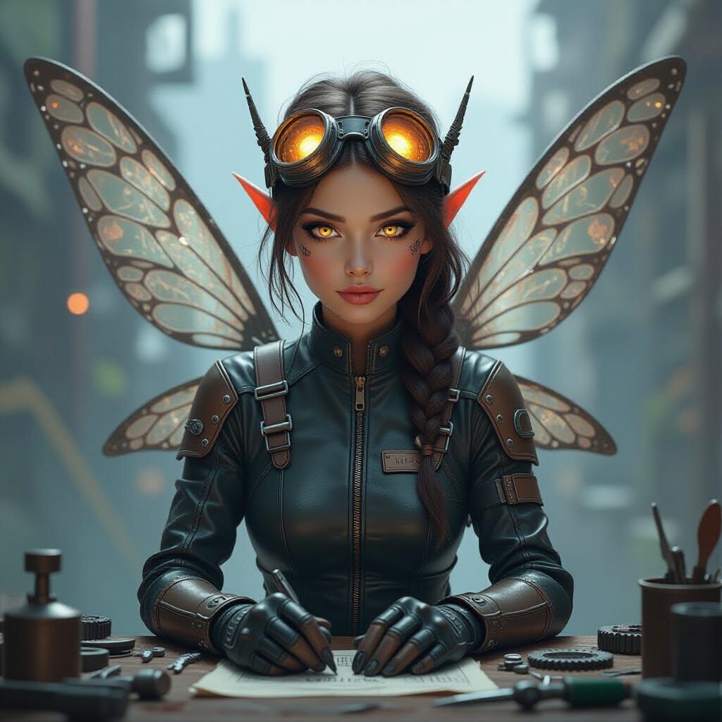 Mechanic Fairy with Metal Wings in Industrial Style