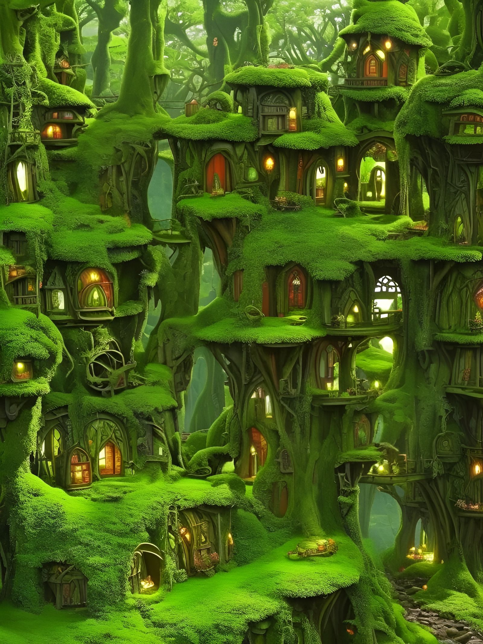Enchanting Elvish Treehouse Village in Fantasy Setting