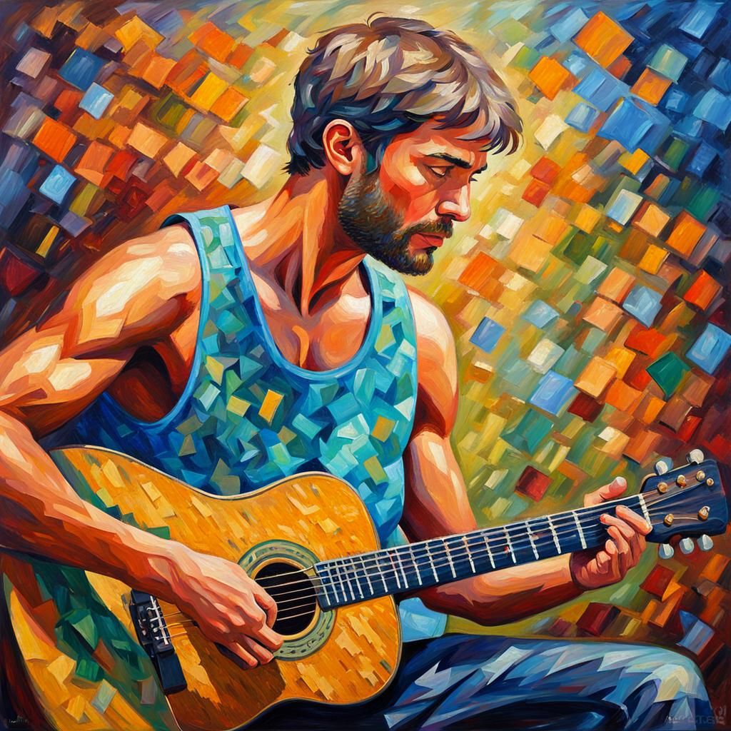 Man Tuning Guitar: Neo-Impressionist Impasto Oil Painting