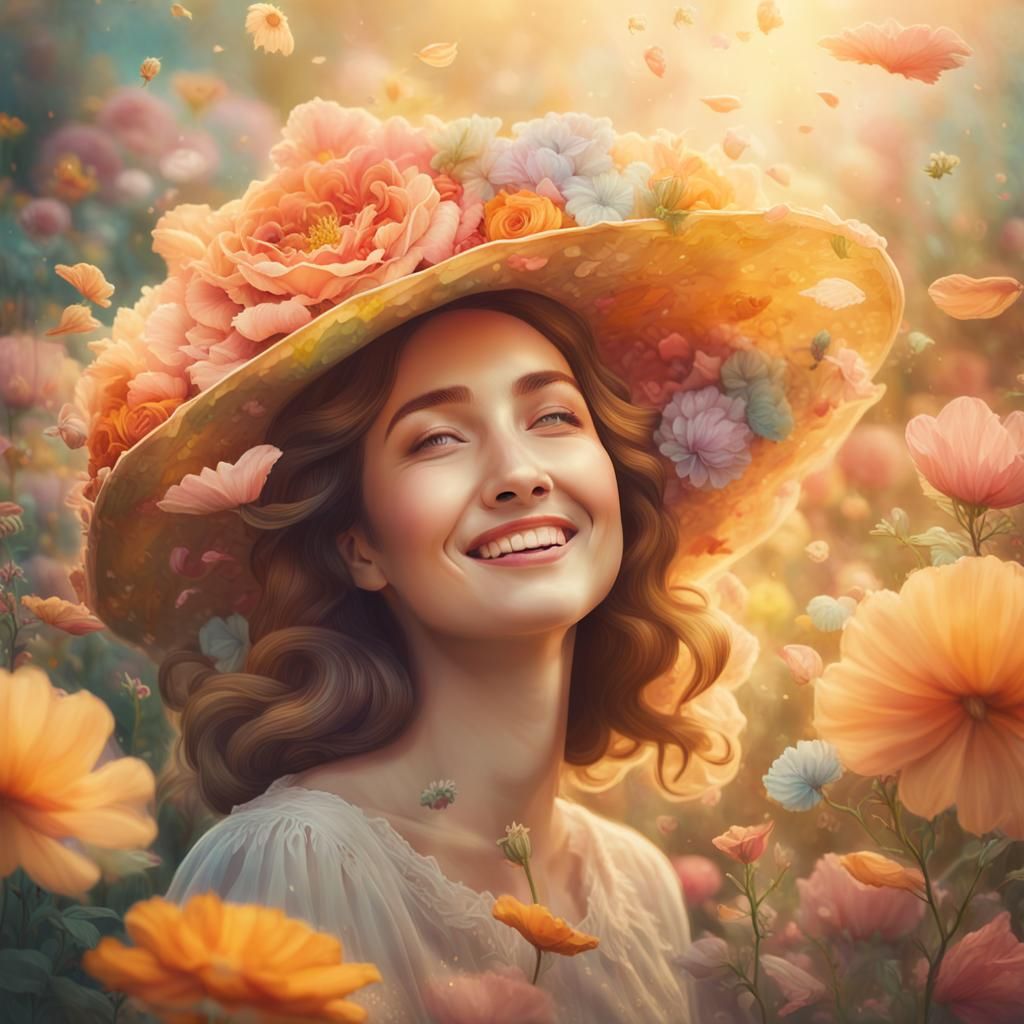 Dreamy Woman Floating on Floral Hat: Surrealist Art