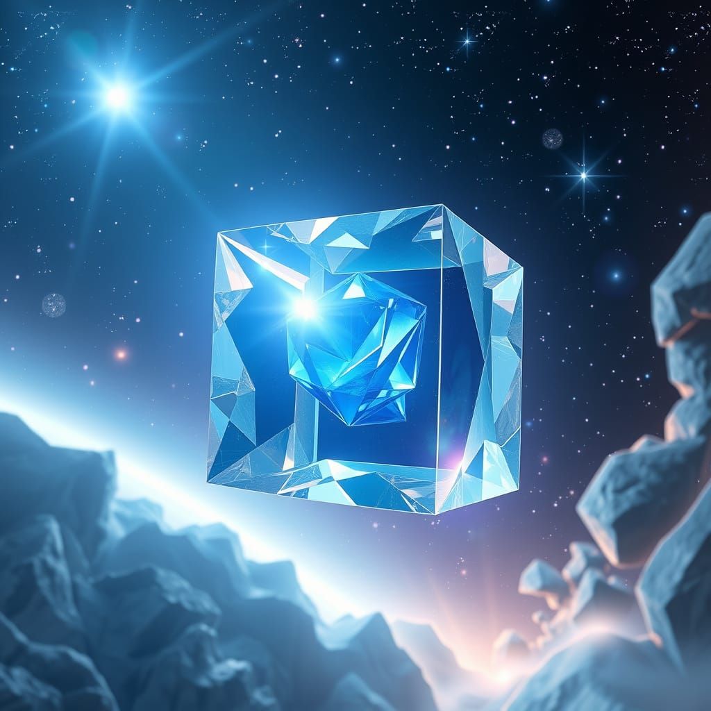Blue Gemstone Encased in Crystal Cube in Cosmic Sci-Fi Style