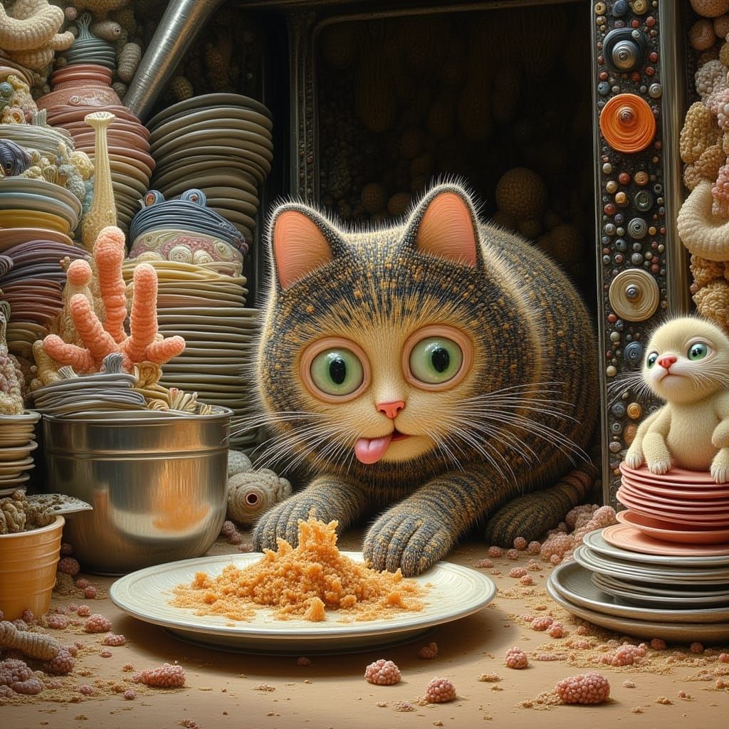 Fluffy Cat Cleans Dirty Plates in Warm Painterly Style