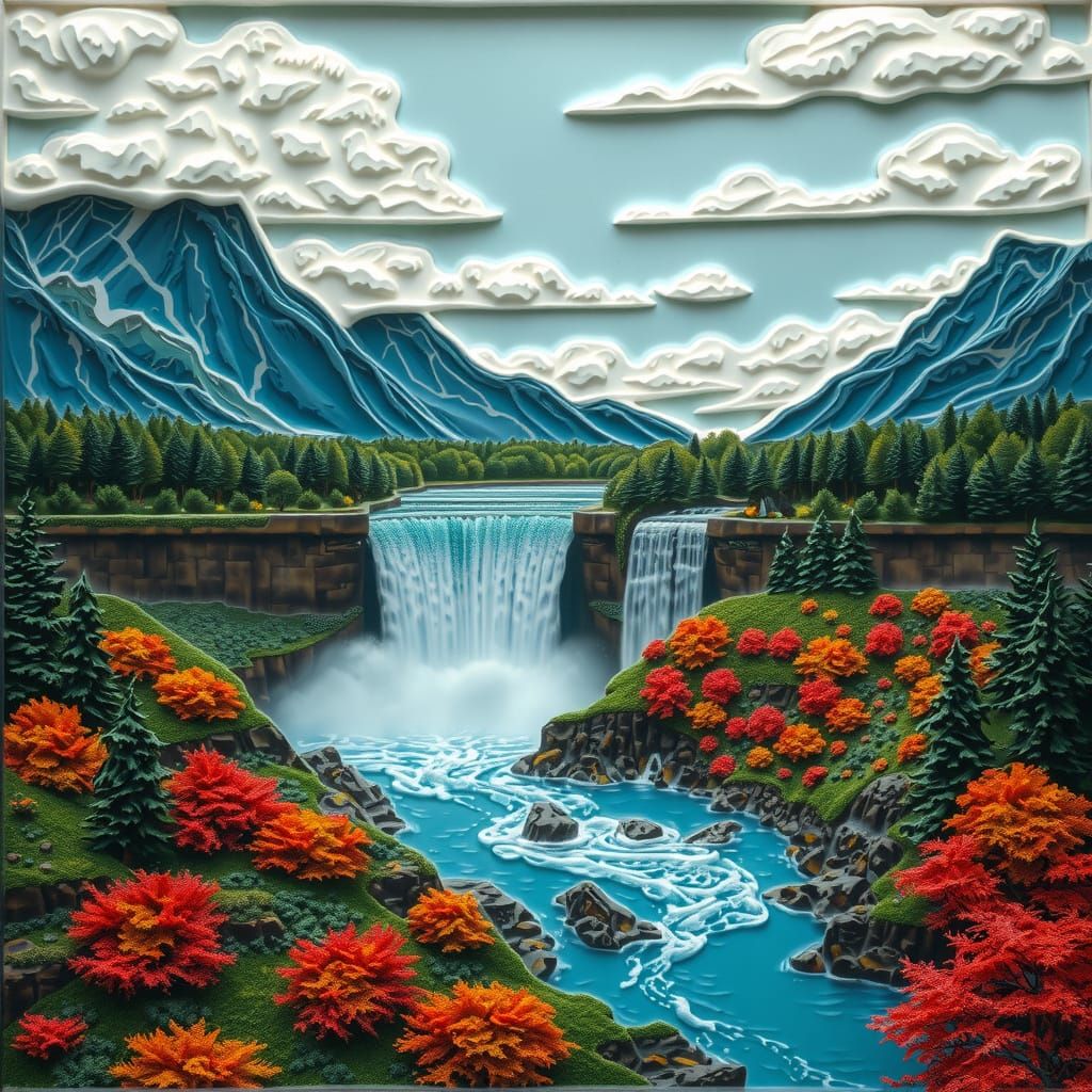 Futuristic Landscape of Niagara Falls in Cel-shaded Enamel R...
