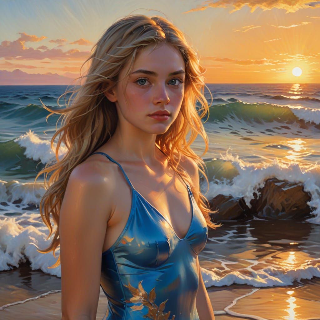 Teenage Girl by Ocean at Sunset, Vibrant Oil Painting