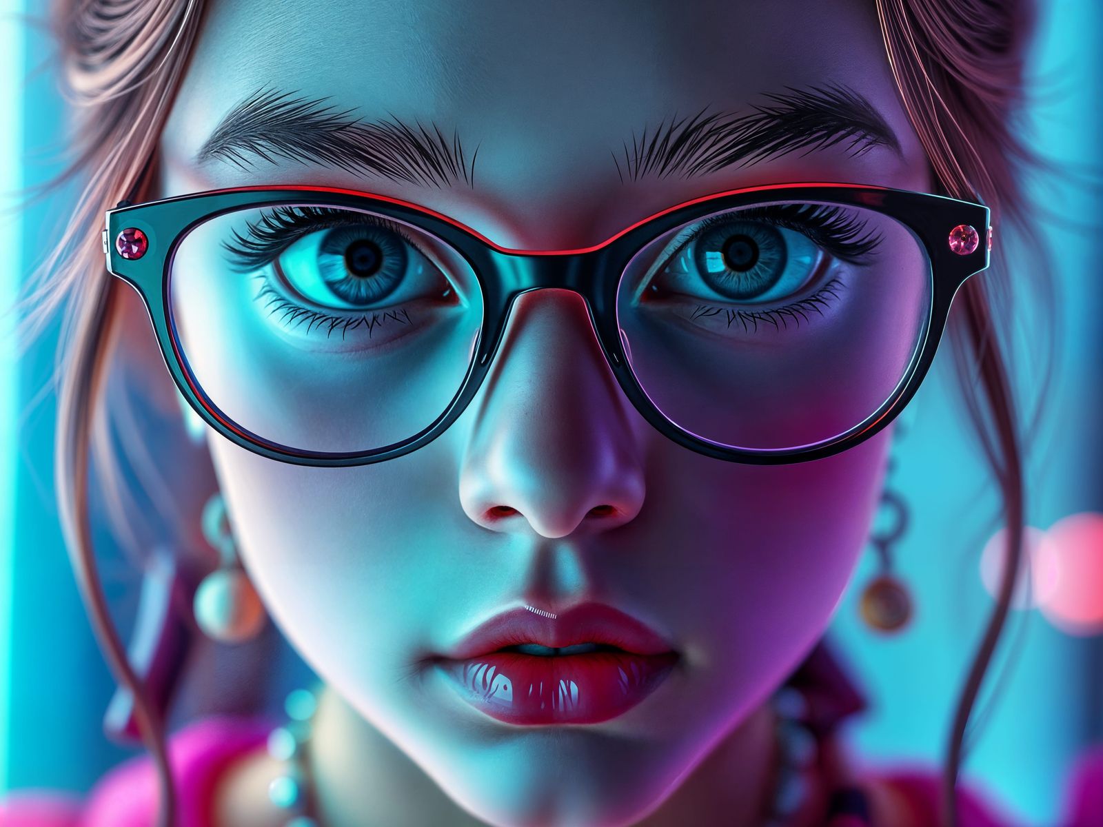 Symmetrical Portrait of a Girl with Vibrant Glasses