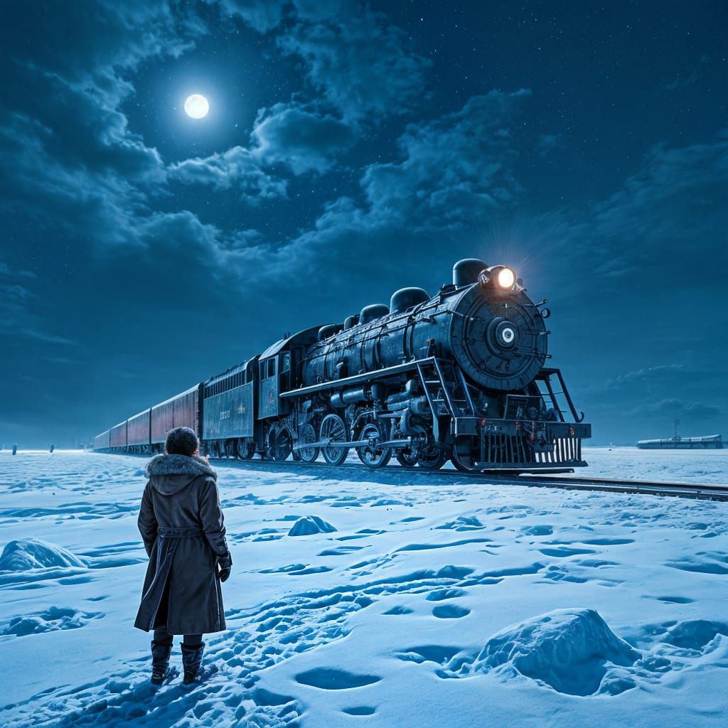 Futuristic Train Station on Snowy Plain, Hyperrealistic Art