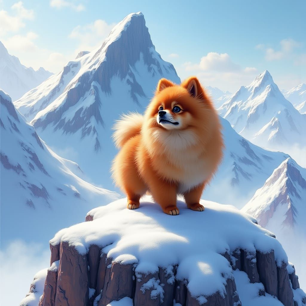 Regal Pomeranian on Snowy Mountain Peak