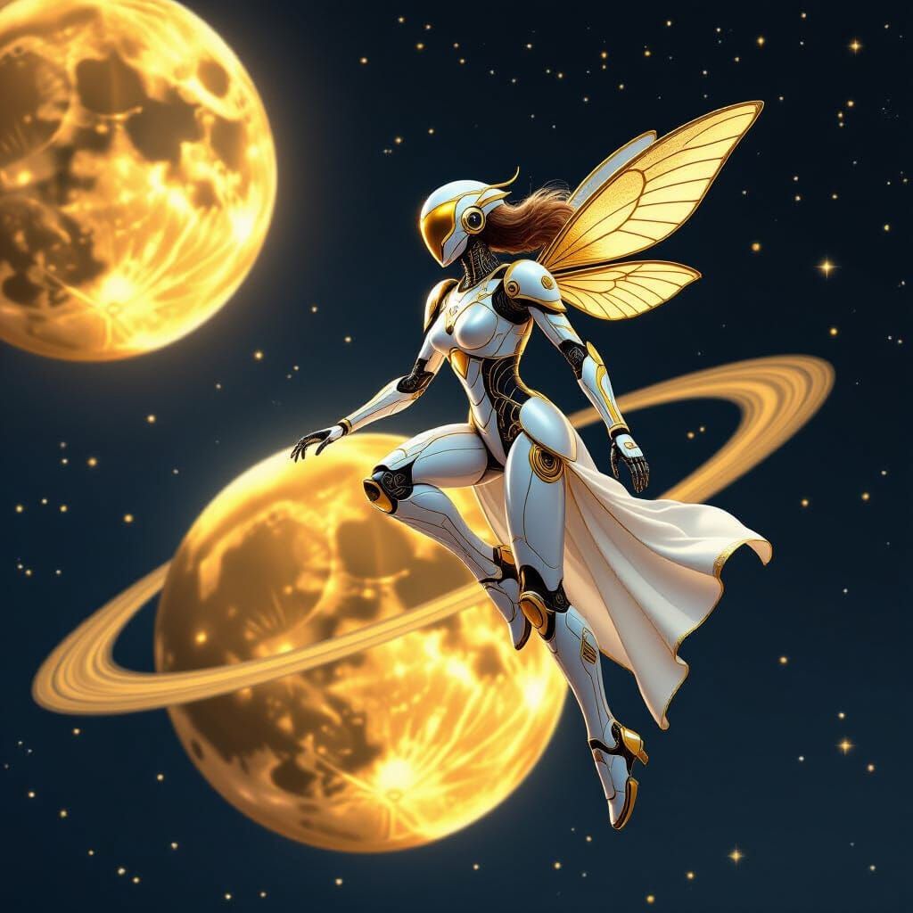 Golden Robot Woman on the Moon