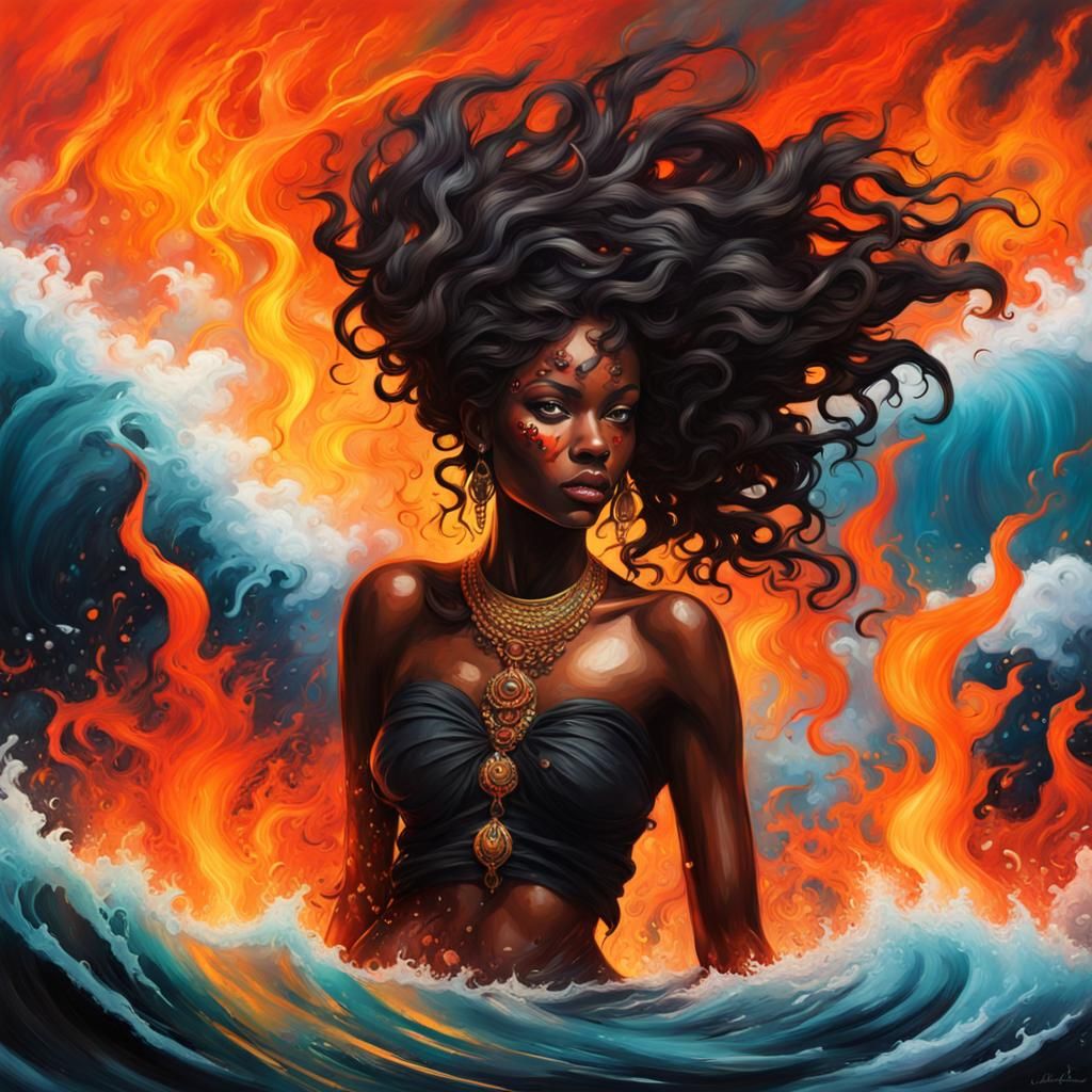 Black Goddess Emerges from Fiery Ocean: Graffiti Art