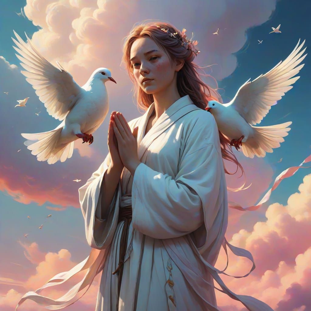 Ethereal Angel Cradles White Dove in Serene Landscape