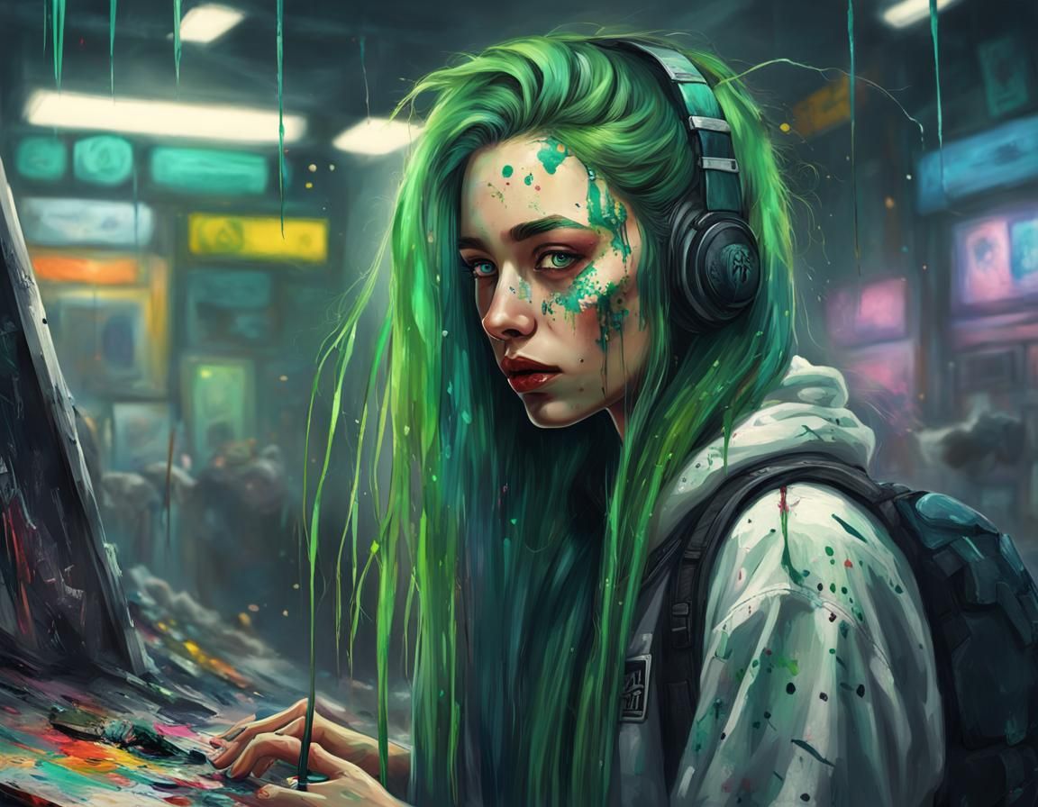 Cyberpunk Art: Green-Haired Woman with Easel