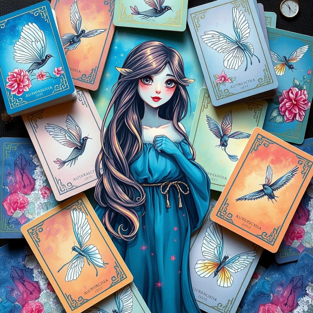 Ethereal Figure Surrounded by Hand-Painted Cards