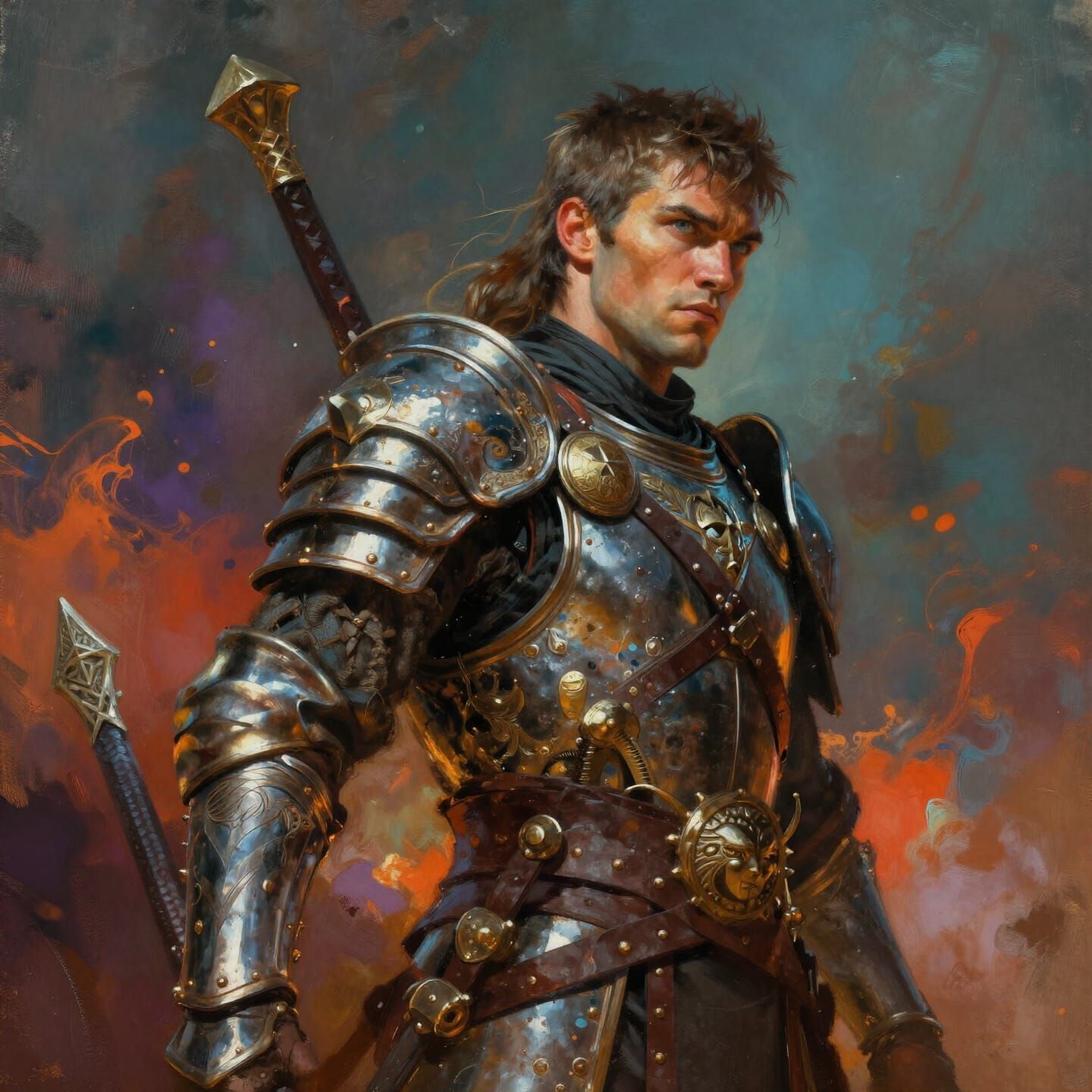 Warrior in Detailed Armor, Dramatic Lighting, Vivid Backgrou...