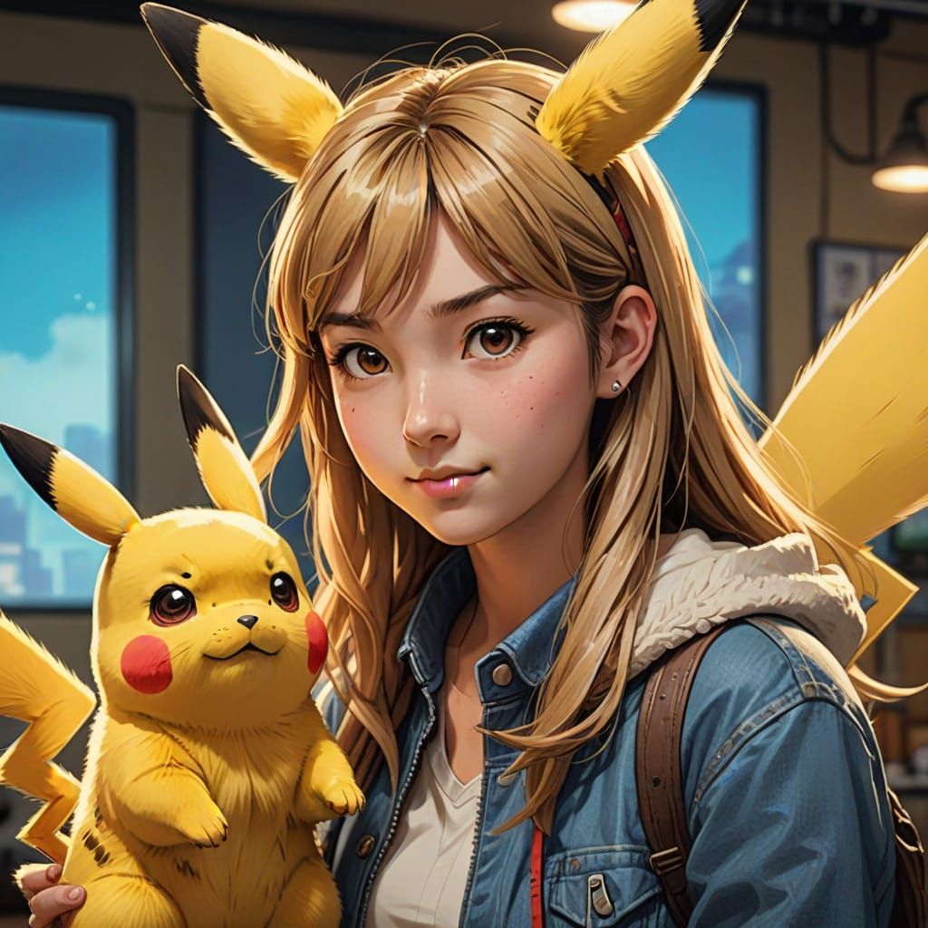 Anime Girl Interviews Pikachu in Vibrant Comic Style