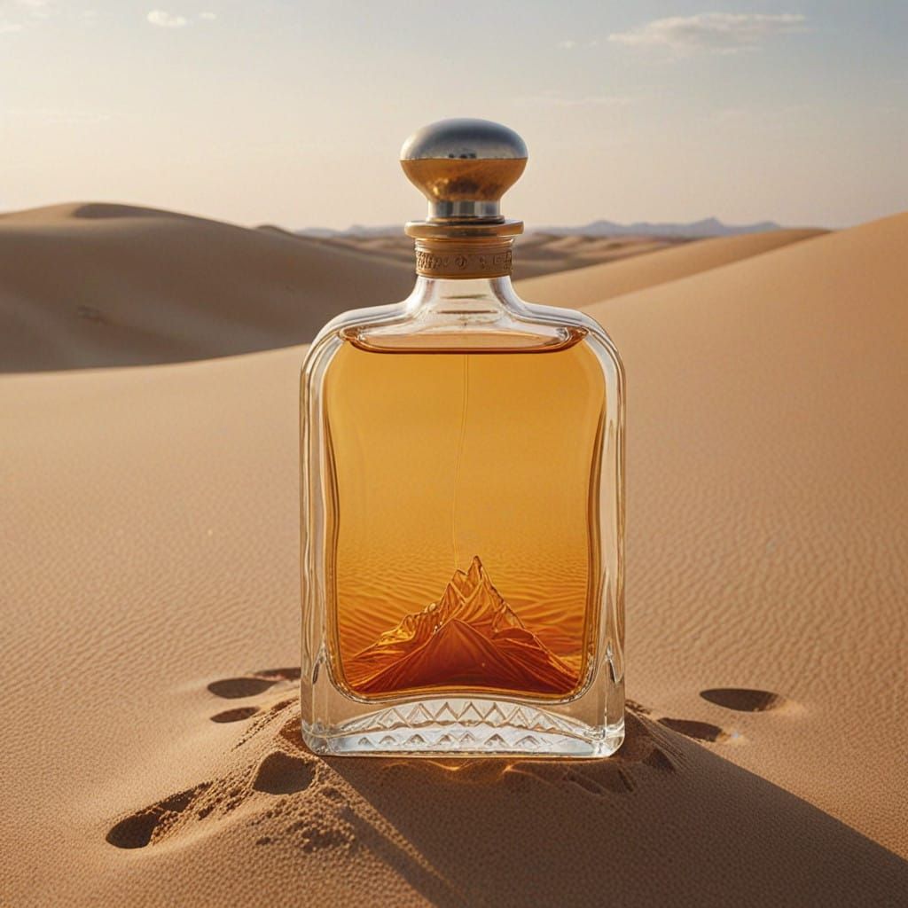 Luxurious Perfume Bottle on Golden Sahara Dunes in Hyper-Rea...