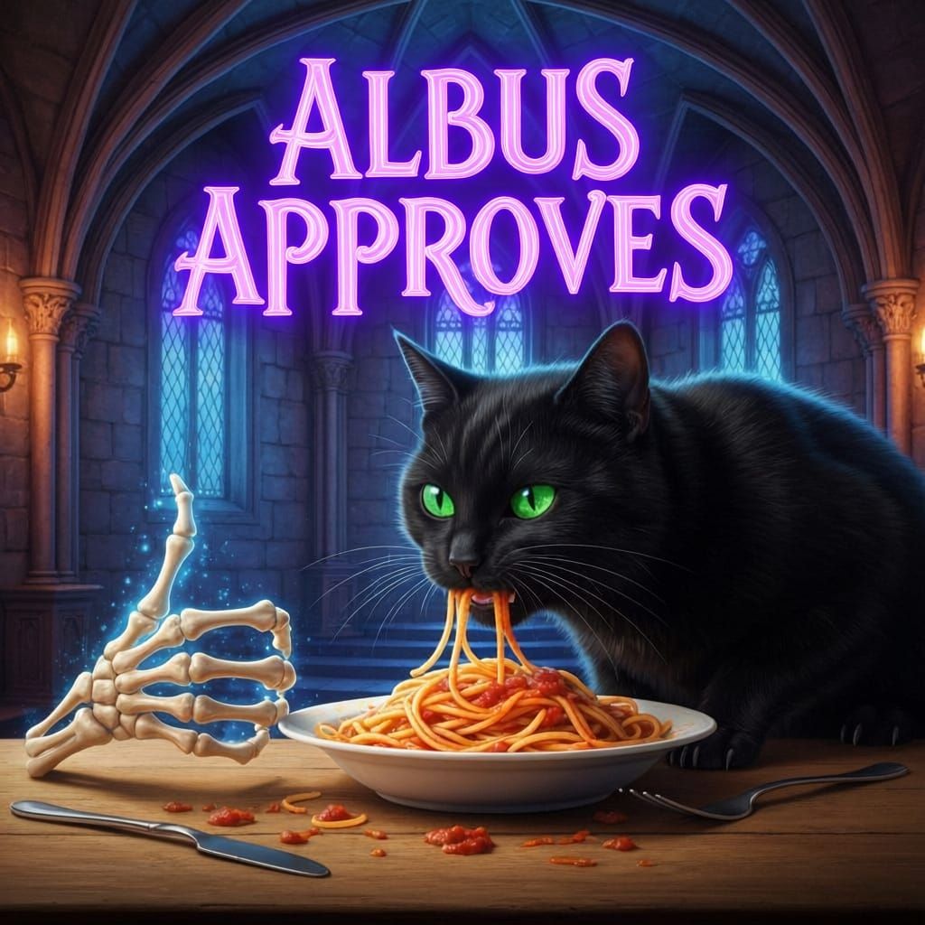 Black Cat Eats Messy Spaghetti with Magical Skeleton Hand