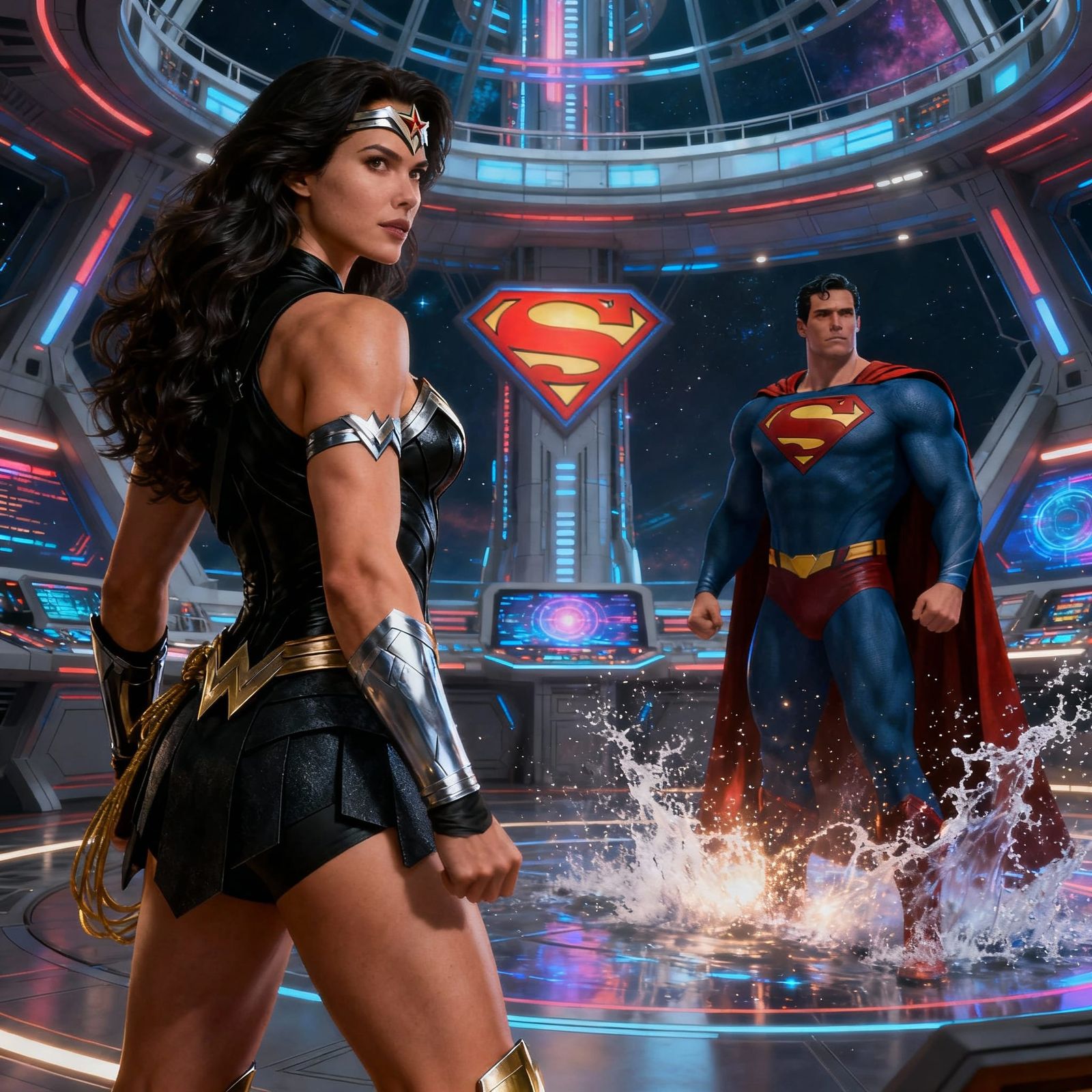 Wonder Woman and Superman inside the Justice League Watchtower in space