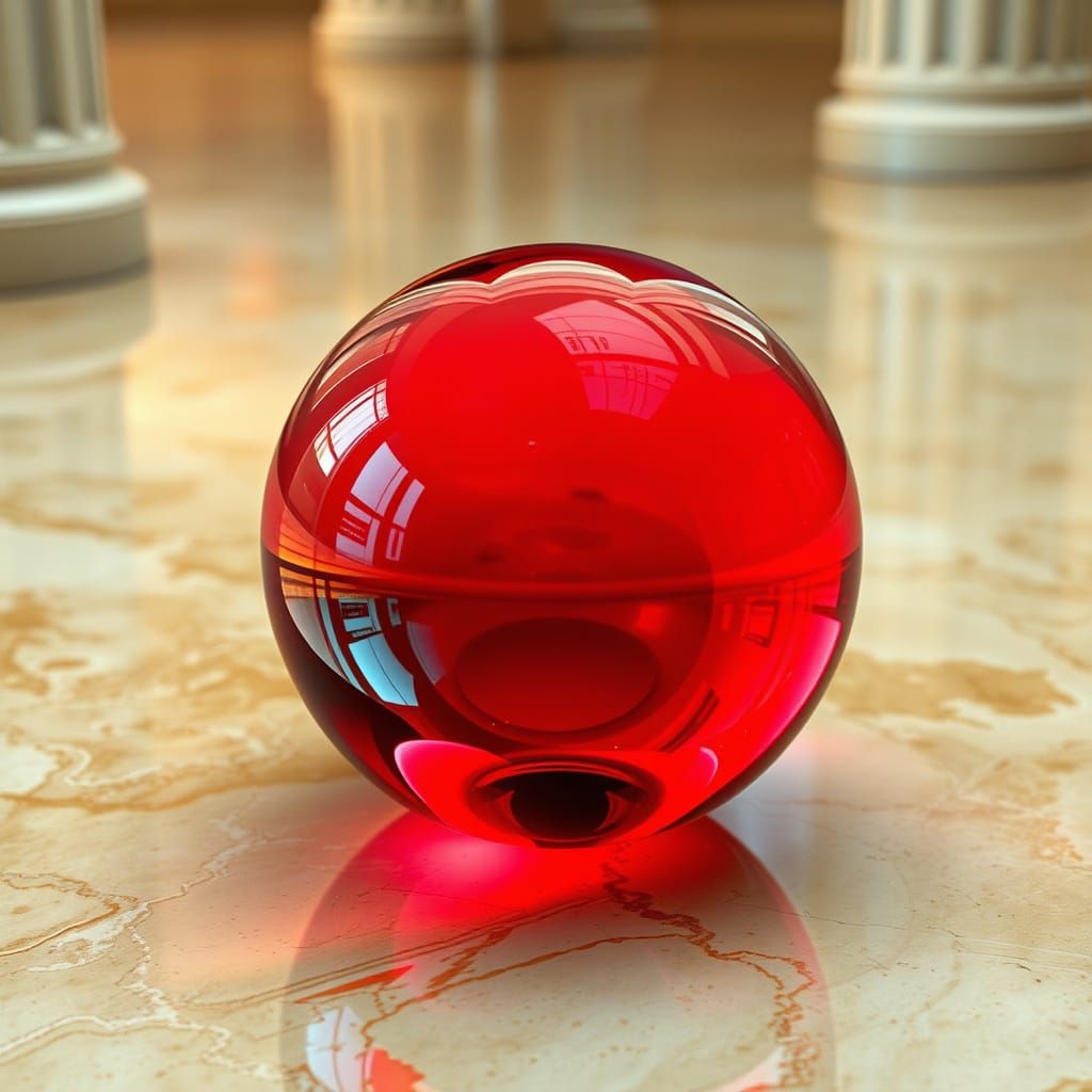 Vibrant Red Glass Orb Reflected on Cream Marble