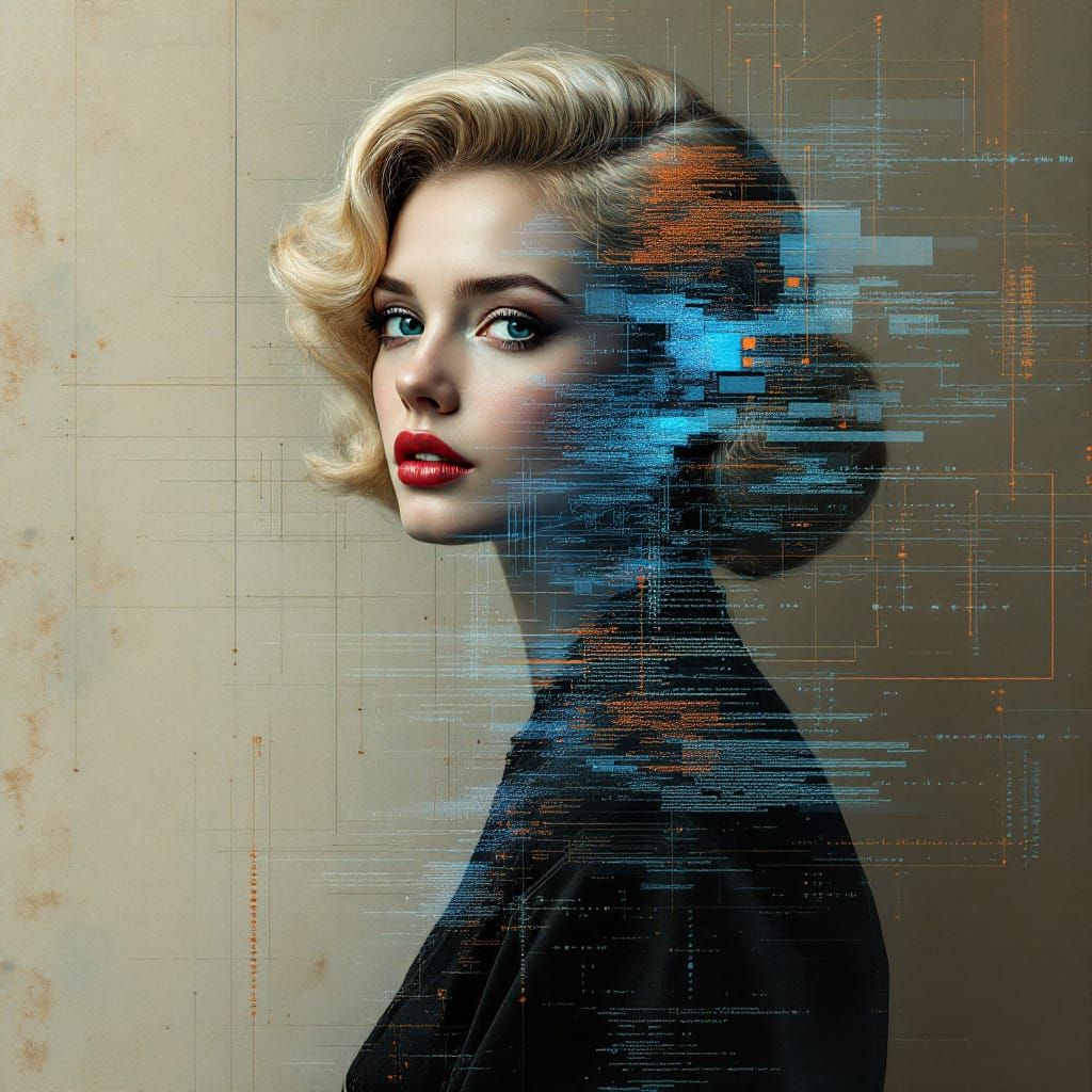 Glitch Art Pin-Up Woman Revealing Digital Code