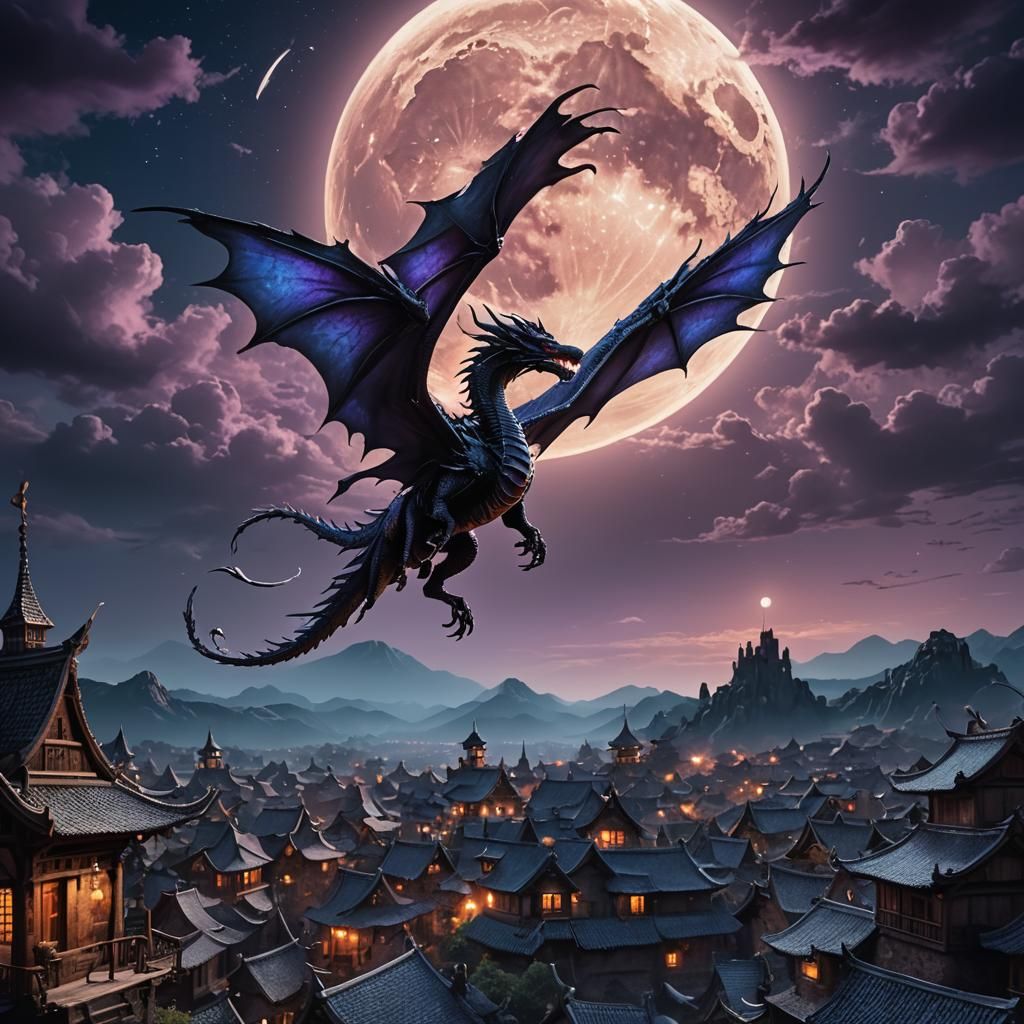 Dragon Flight: Cinematic Matte Painting in Moonlight