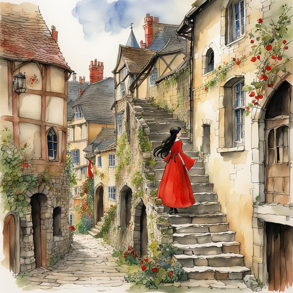 Medieval Maiden Climbing Stairs in Storybook Illustration