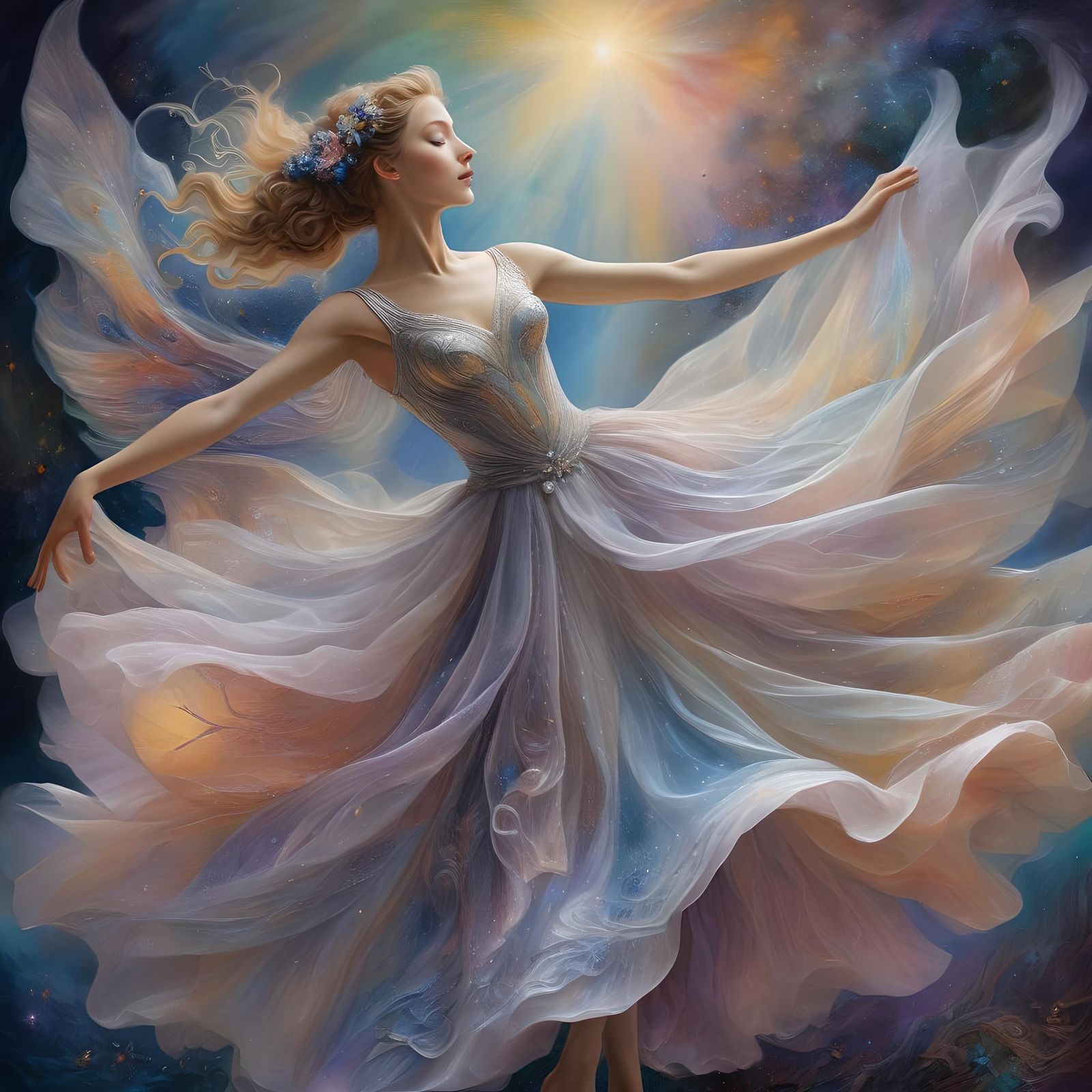 Ballerina in Iridescent Tulle, Impasto Oil Painting