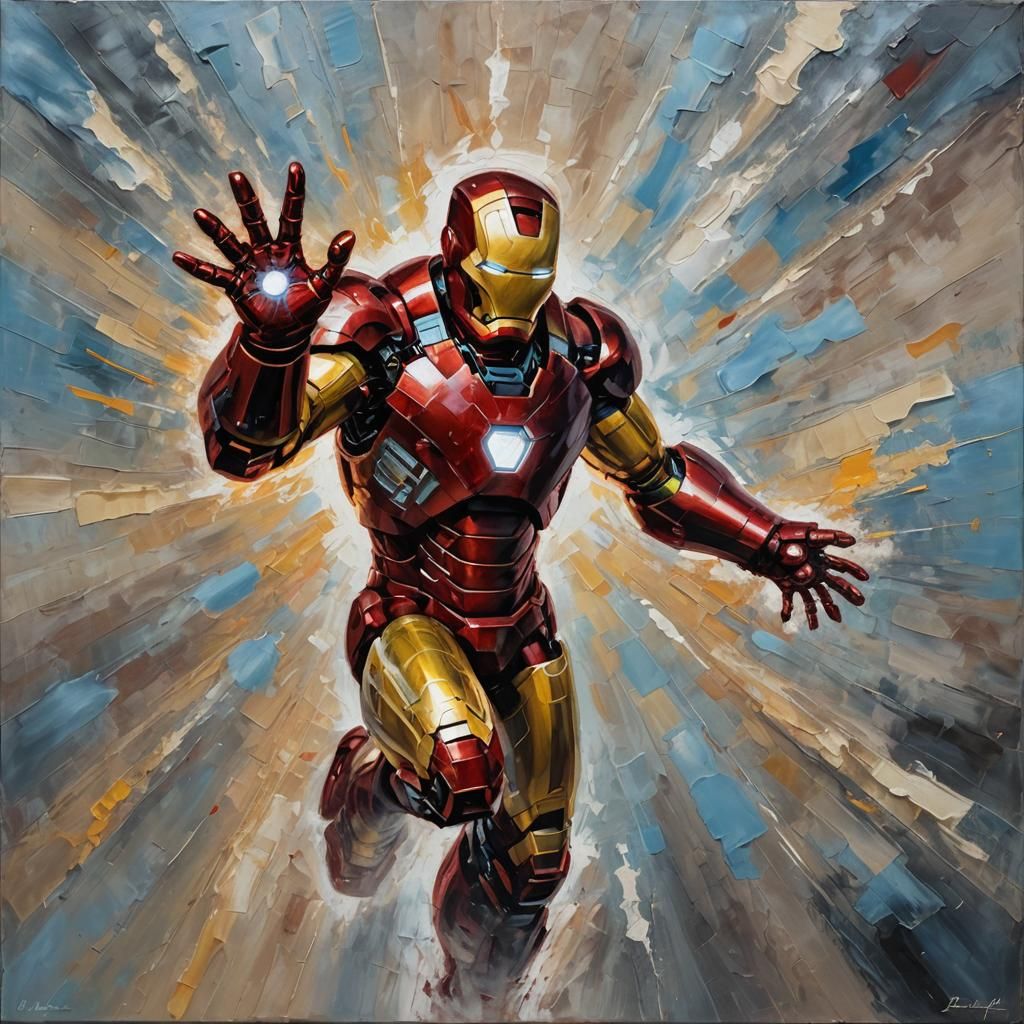 Iron Man Unleashes Energy Beam in Impasto Oil Painting