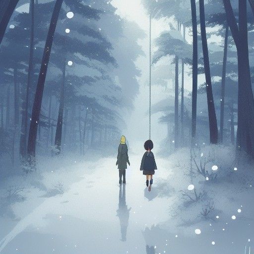 Romantic Anime Walk in Snowy Forest Landscape