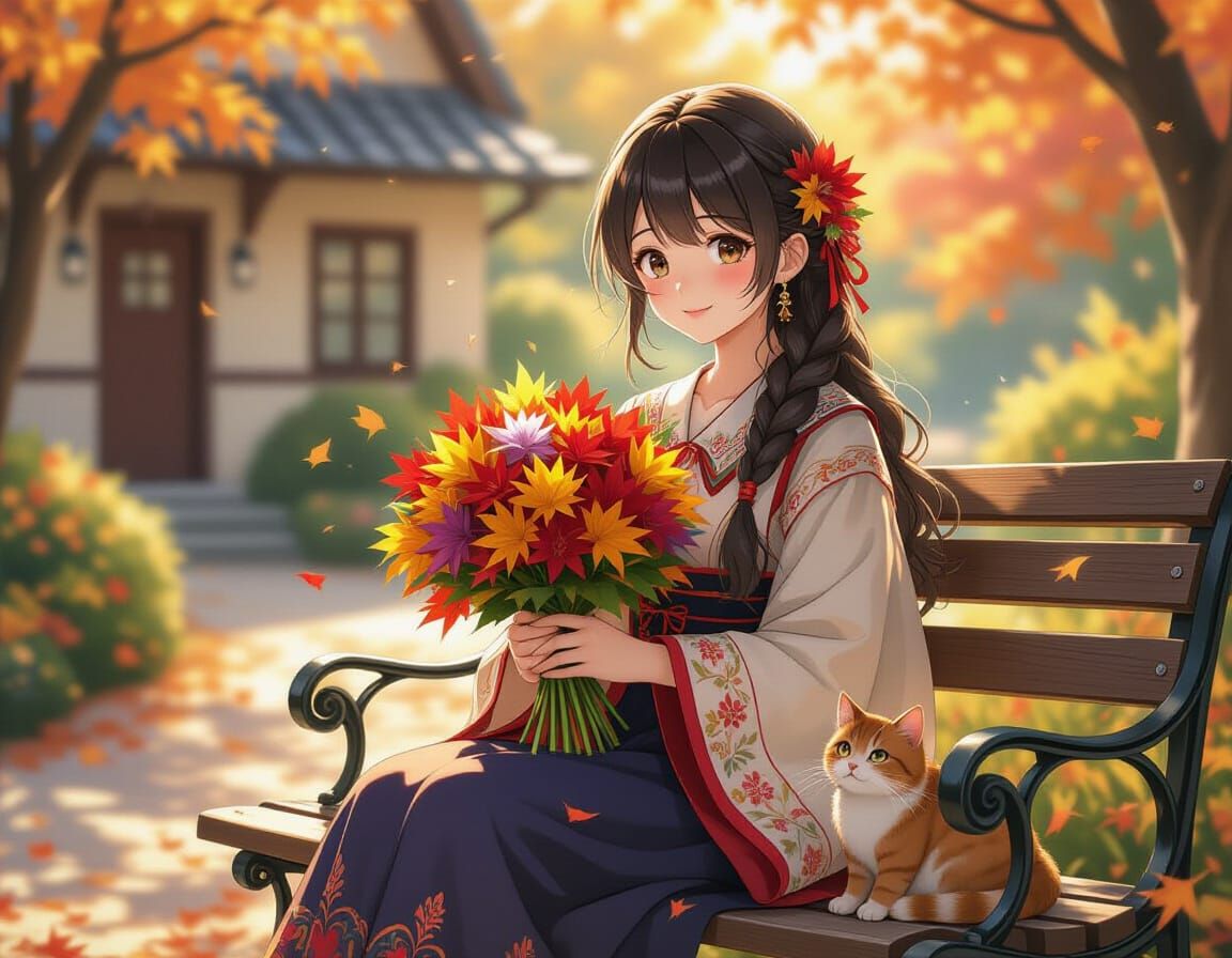 Autumnal Portrait of Girl with Cat in Anime Style
