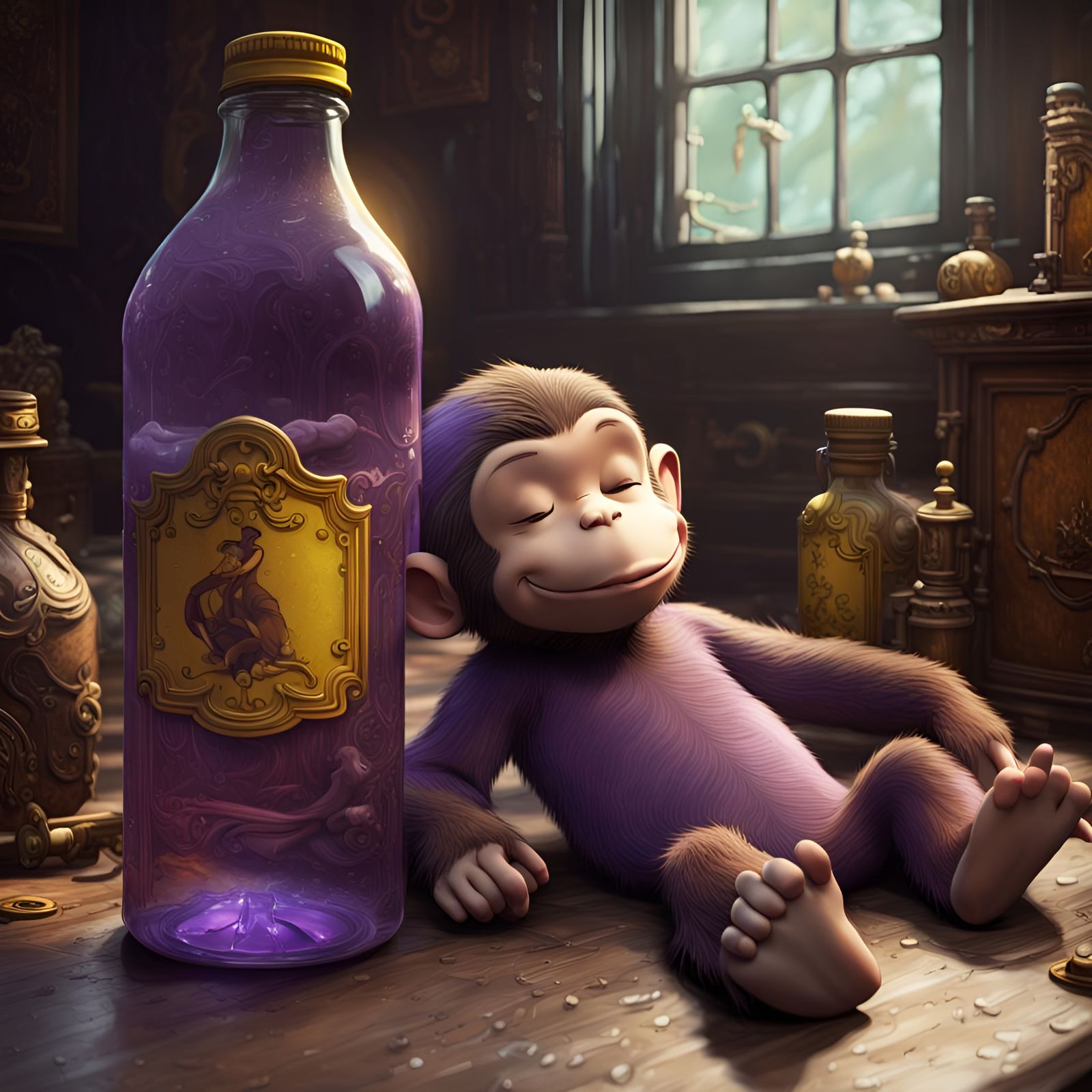 Curious George in Dark Fantasy Dreamscape