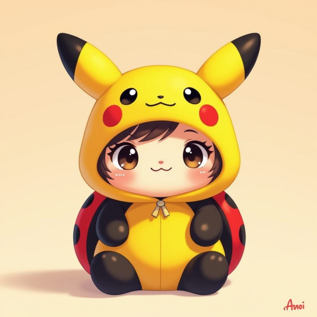 Ladybug Plushie in Pikachu Hat, Kawaii Style