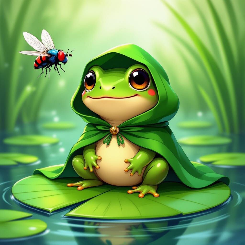 Cute Chibi Frog on Lily Pad in Comic Style