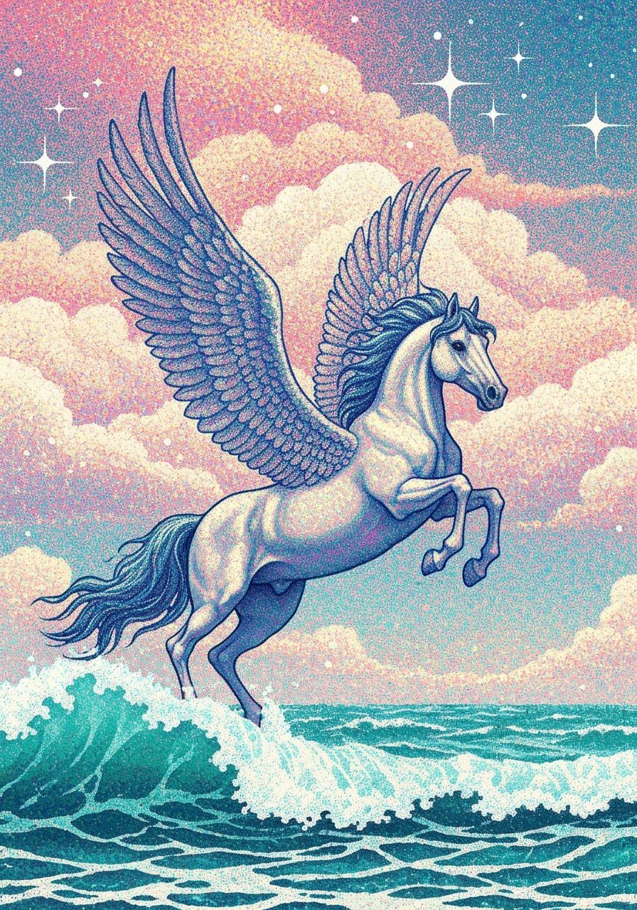 Winged Pegasus Amidst Cloud and Sea Foam in Pointillism Styl...