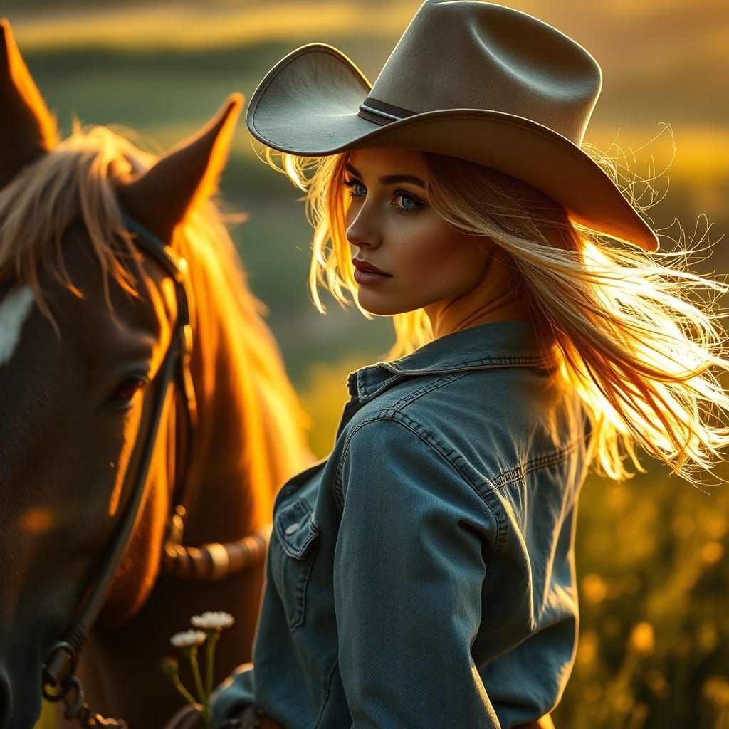 Confident Woman Rides Horse in Golden Light