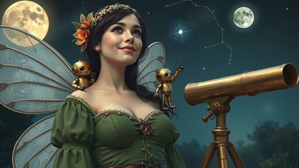Whimsical Fairy in Starry Garden with Robot Friends