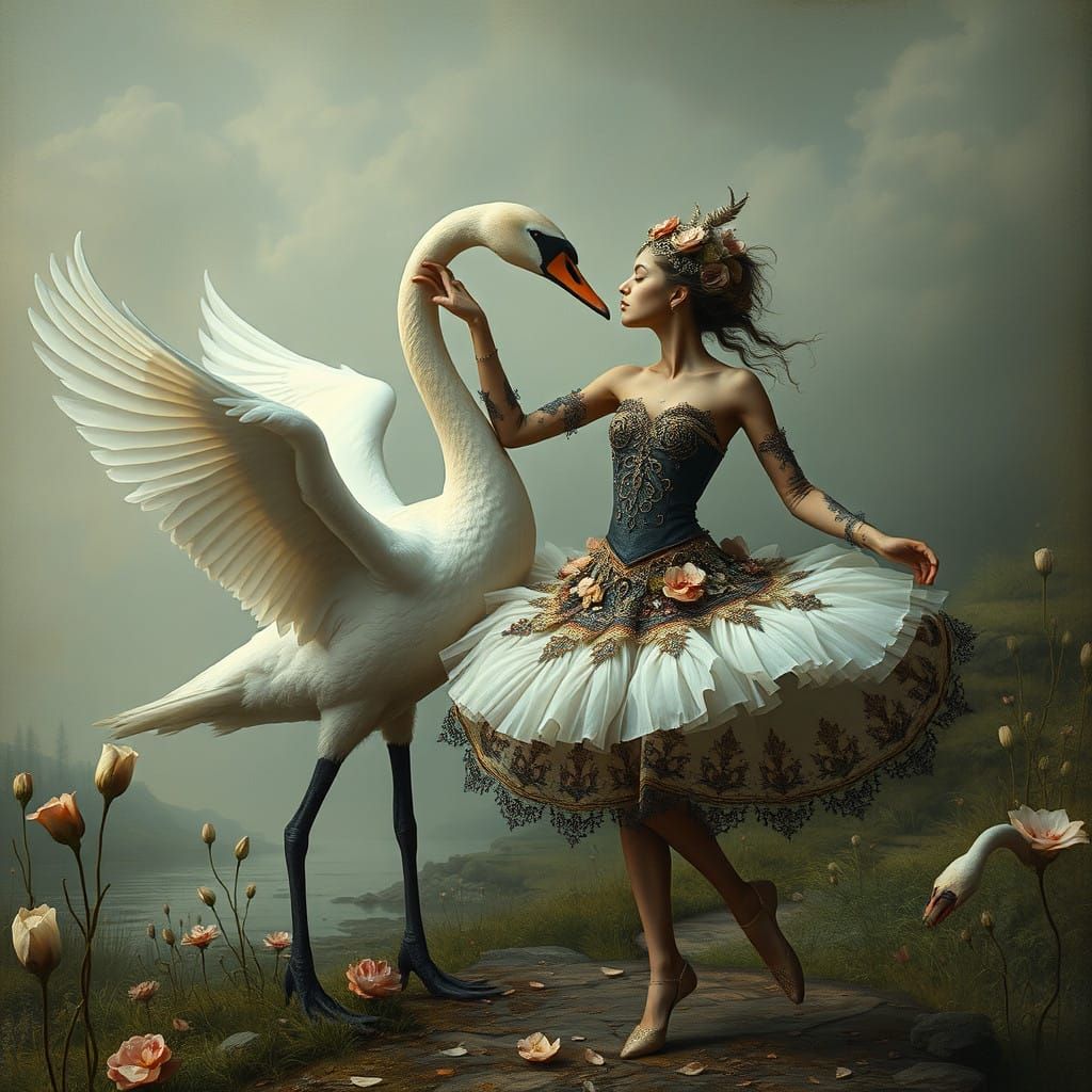 Ethereal Ballerina Swans in Muted Gothic Surrealism