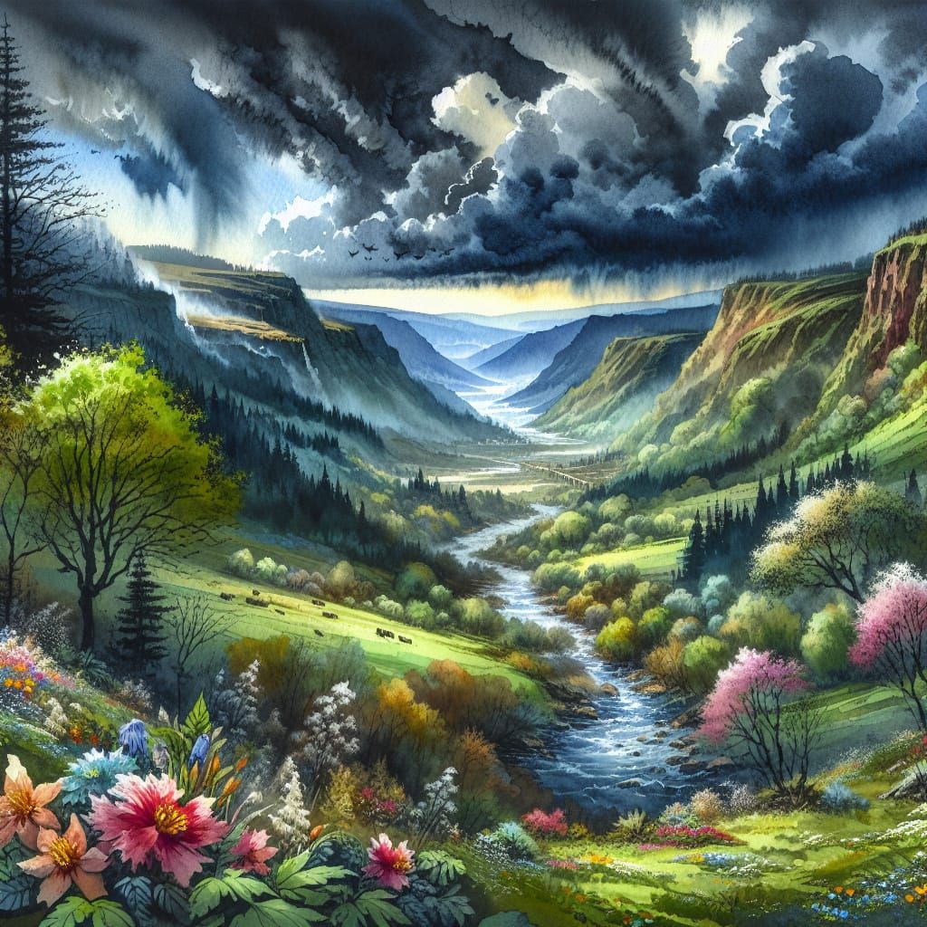 Whimsical Valley River in a Dark Watercolor Storm